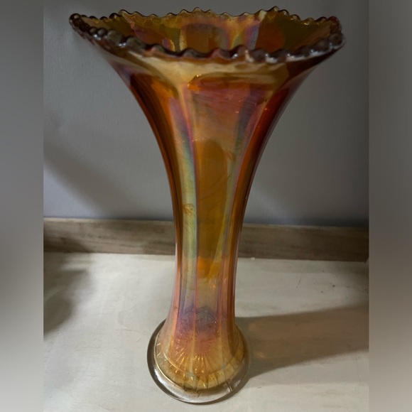 Vintage Jefferson Iridescent Orange Carnival Glass Ribbed Swung 8.25”Vase - Picture 6 of 7